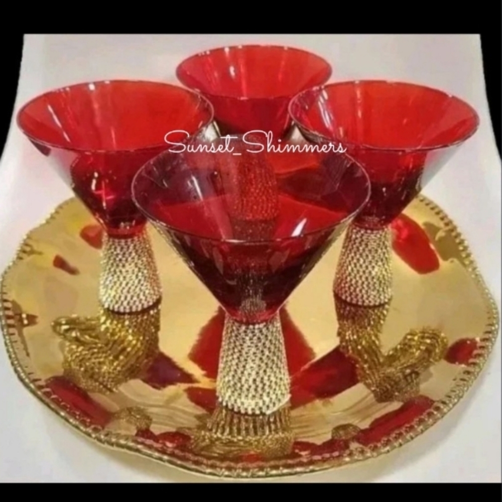 x4 RED & GOLD Glam Rhinestone Crystal Cocktail Bar MARTINI Glass Set New